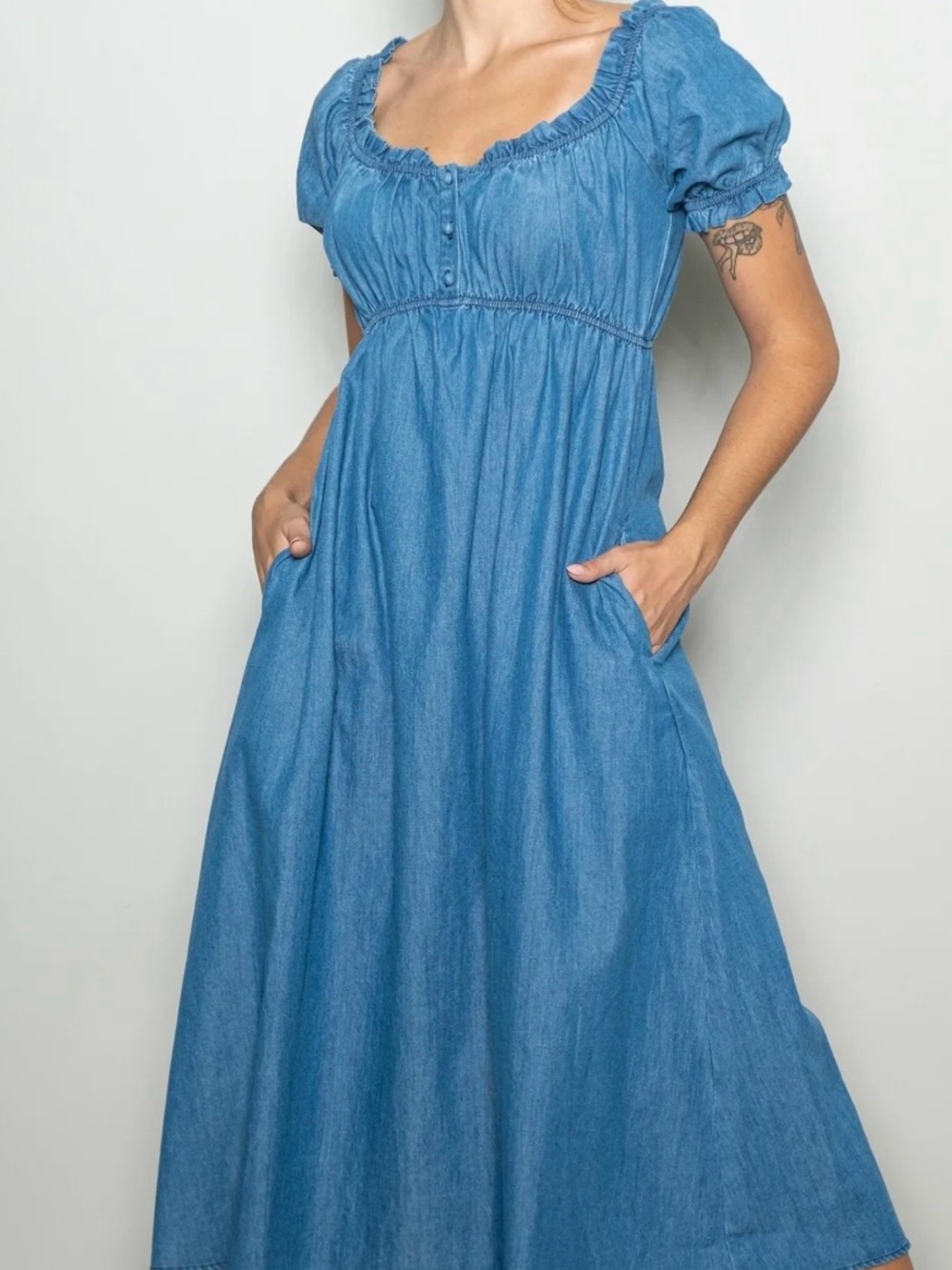 Chambray Puff-Sleeve Midi Dress - Light Blue